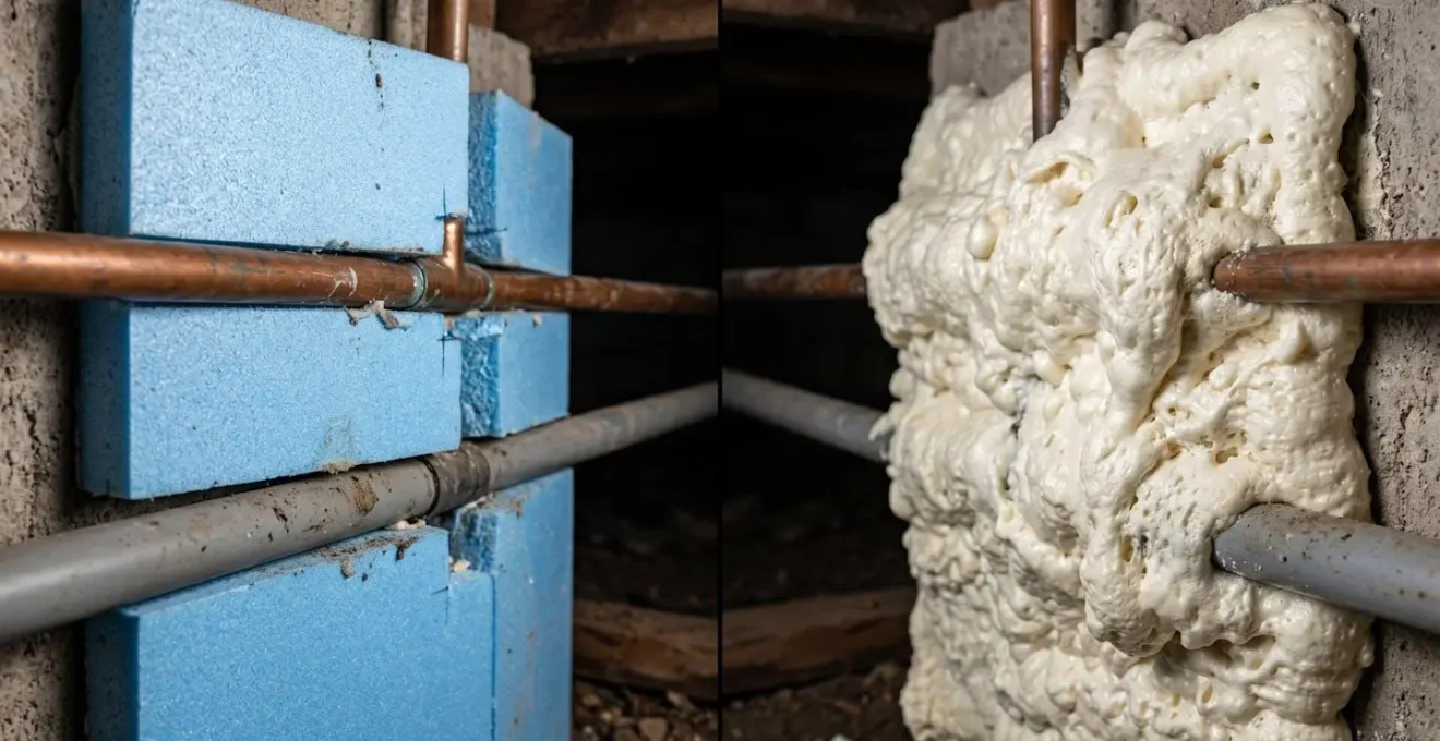 Comparaison visuelle entre panneaux de polystyrène et mousse projetée dans un vide sanitaire avec canalisations