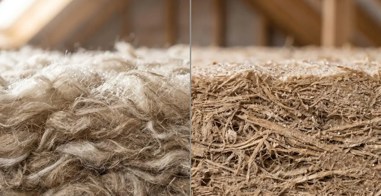 Comparaison visuelle entre laine de mouton et panneaux de fibre de bois dans des combles