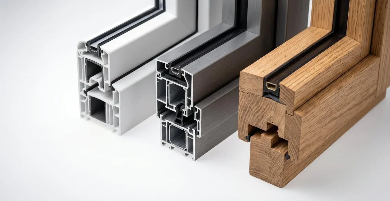 Gros plan sur trois échantillons de profilés de fenêtres montrant les différentes textures et finitions