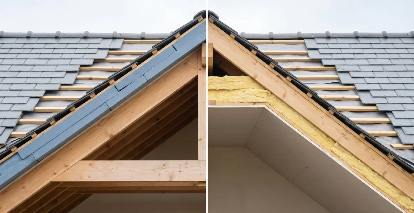 Coupe architecturale montrant deux moitiés de toiture avec sarking d'un côté et isolation intérieure de l'autre
