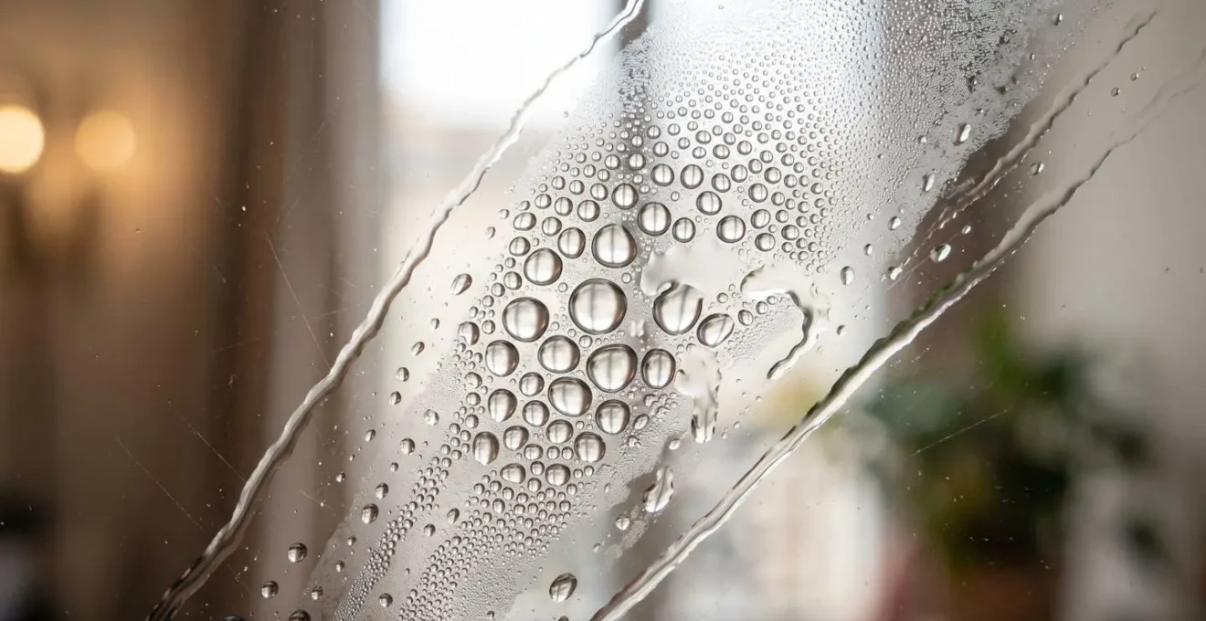 Condensation de vapeur d'eau sur une surface froide avec détails de gouttelettes formées par capillarité