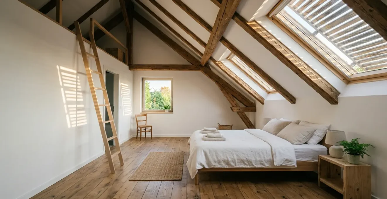 Combles aménagés lumineux avec fenêtres de toit équipées de volets extérieurs et poutres apparentes