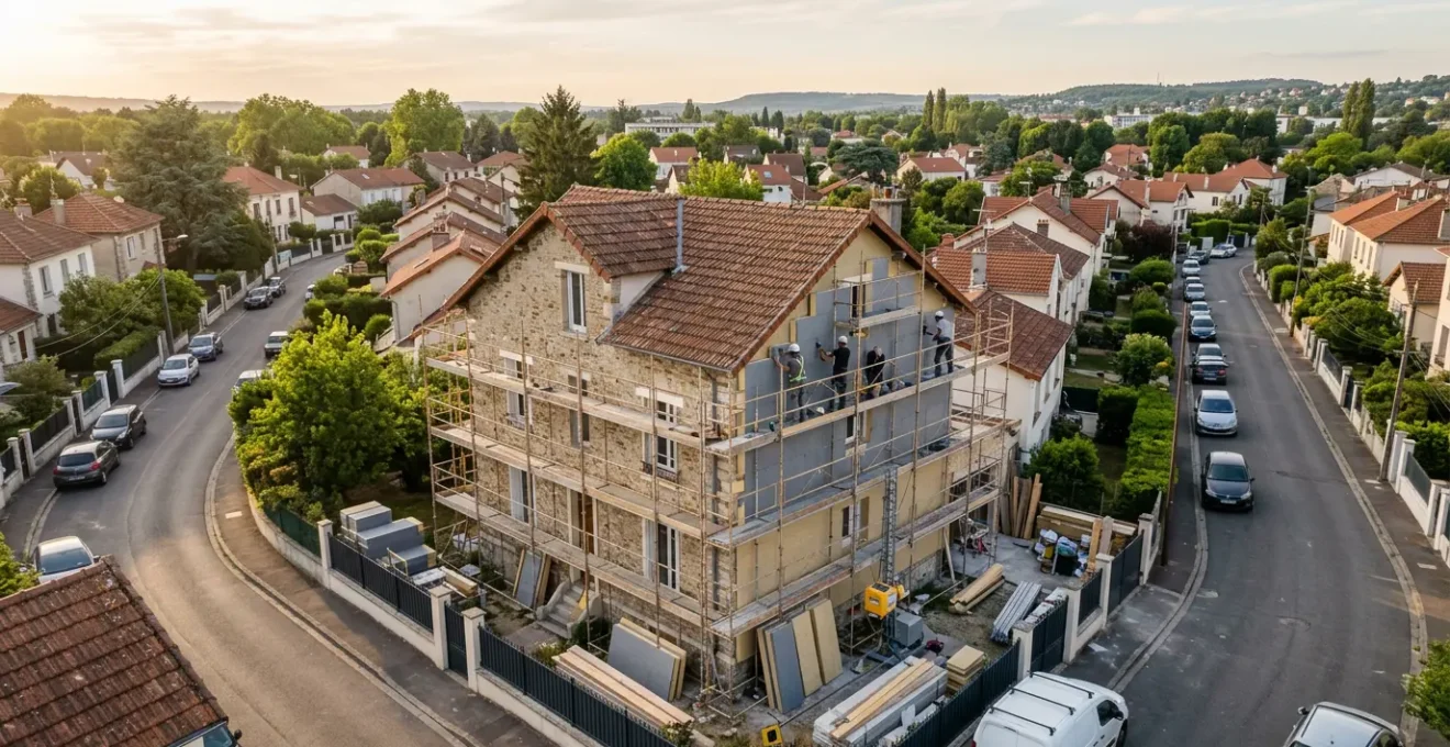 Vue aérienne d'une maison française en rénovation avec échafaudages et matériaux d'isolation visibles sur les murs extérieurs