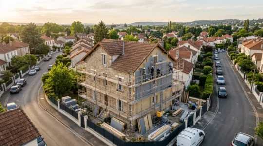 Vue aérienne d'une maison française en rénovation avec échafaudages et matériaux d'isolation visibles sur les murs extérieurs