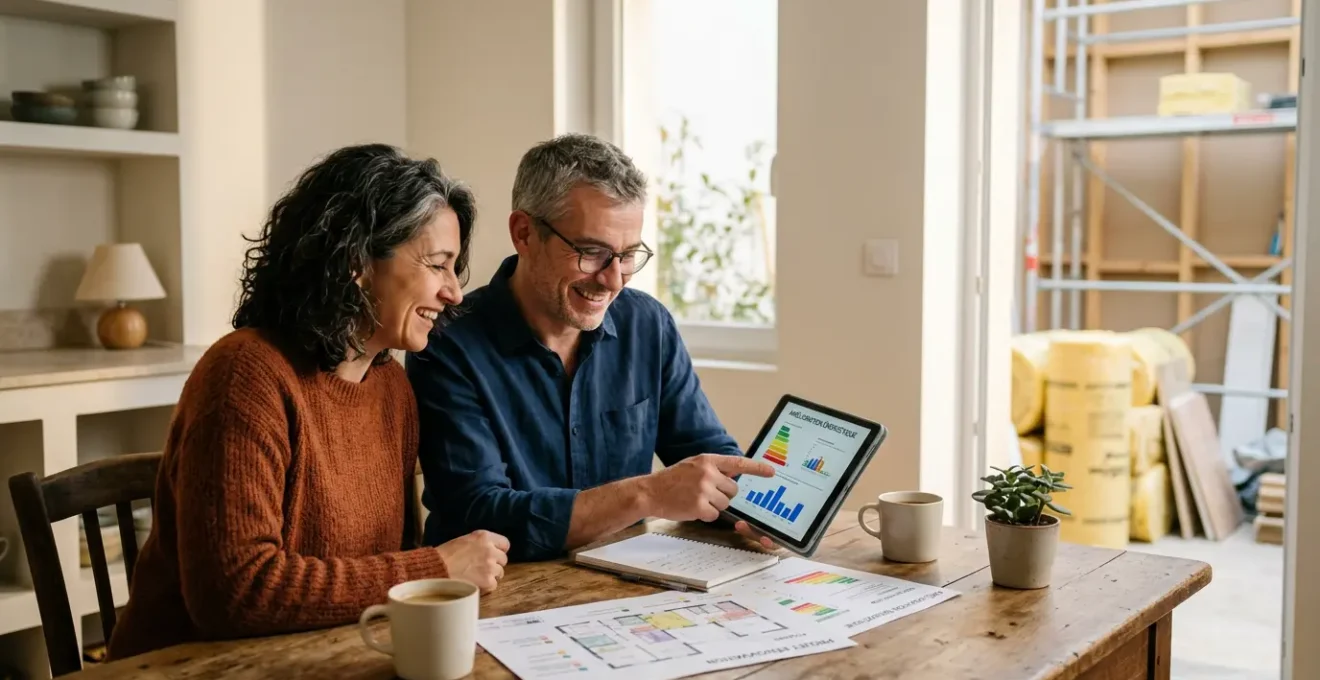 Couple consultant des documents de rénovation énergétique dans une maison française en cours d'isolation
