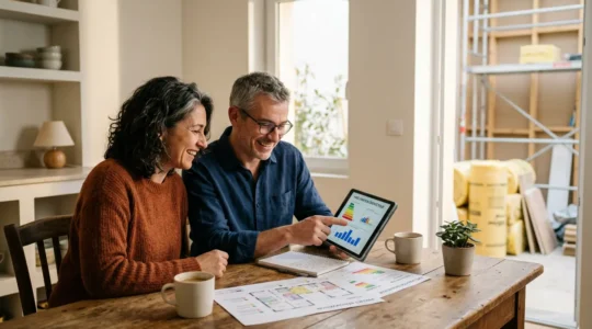 Couple consultant des documents de rénovation énergétique dans une maison française en cours d'isolation