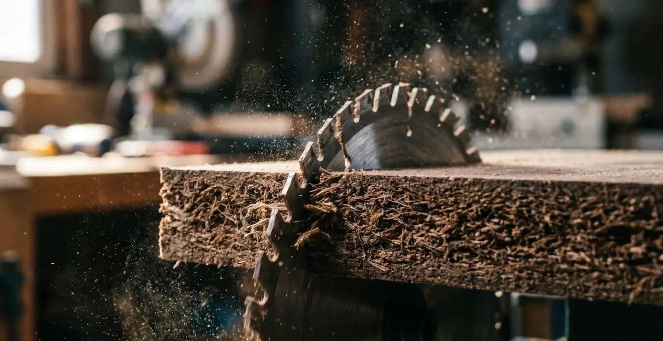 Gros plan sur la découpe d'un panneau de laine de bois avec une scie adaptée