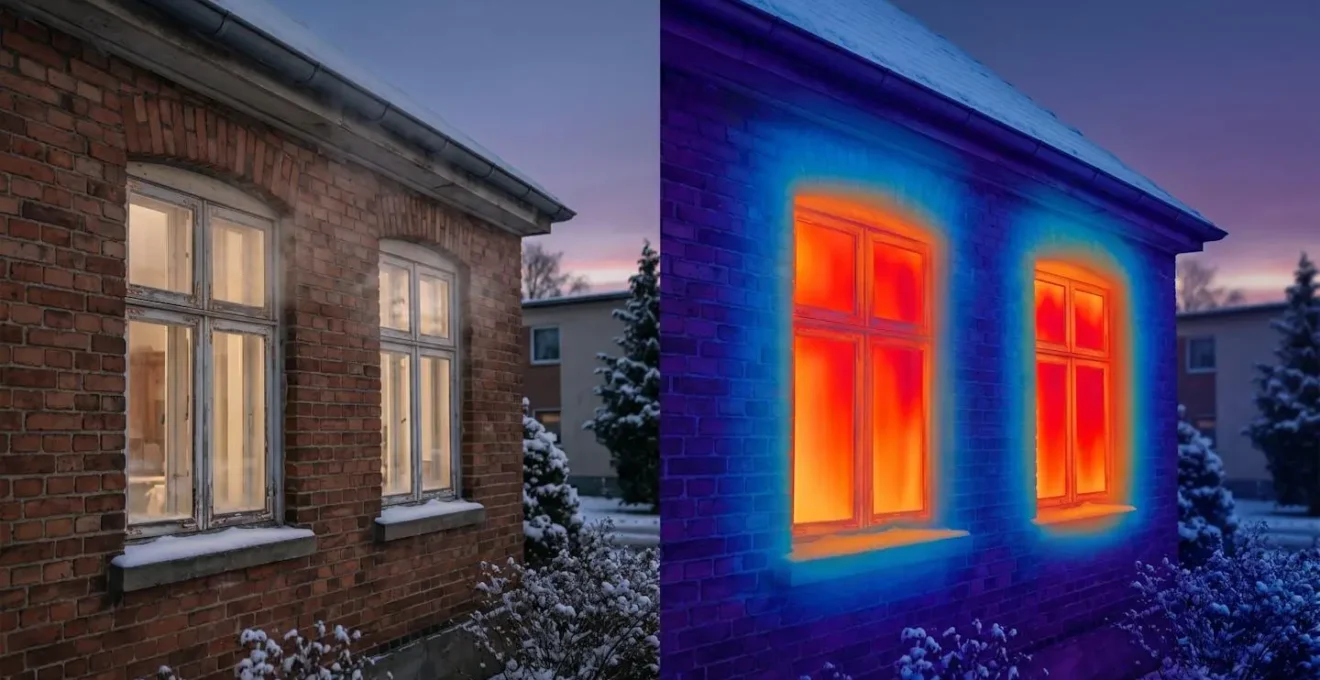 Vue thermographique d'une maison montrant les zones de déperdition de chaleur en couleurs
