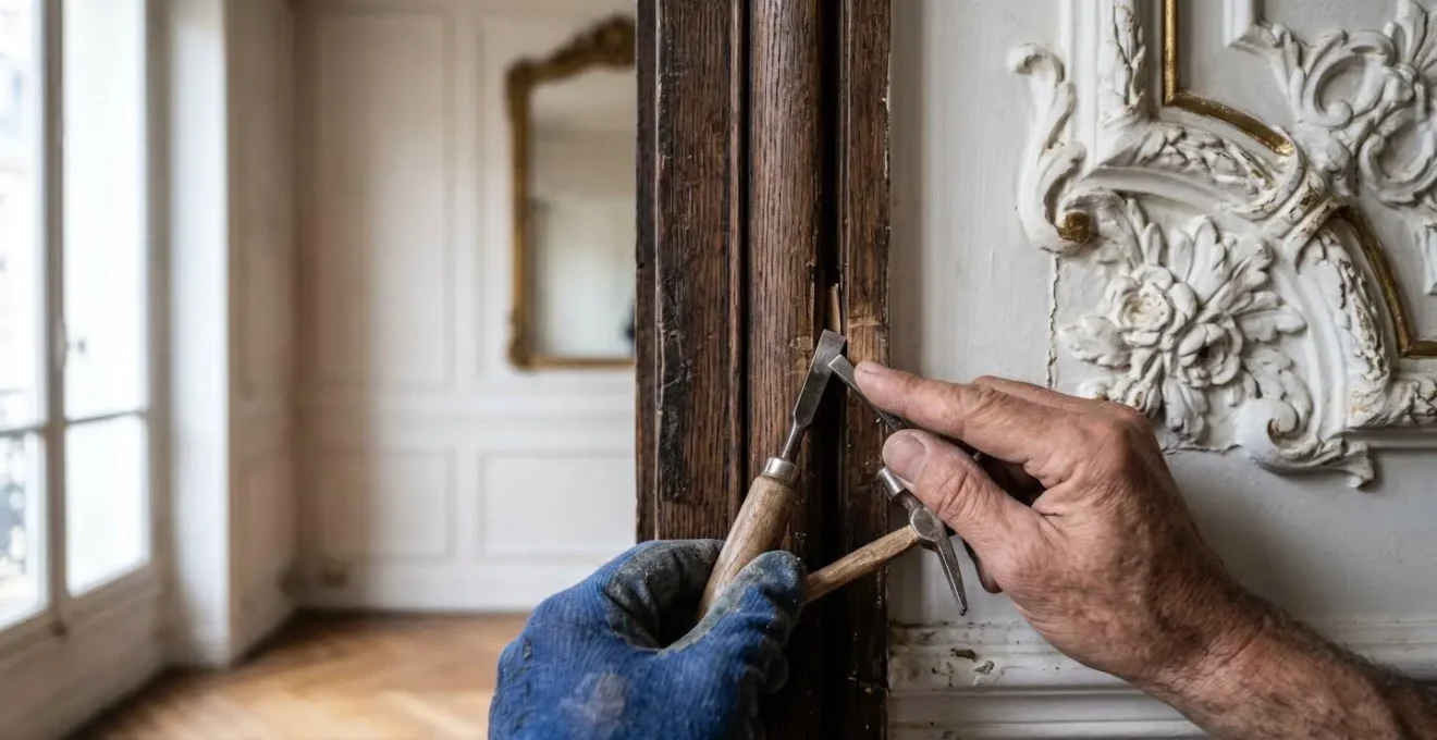 Technique de dépose partielle contrôlée préservant les moulures décoratives d'un appartement haussmannien