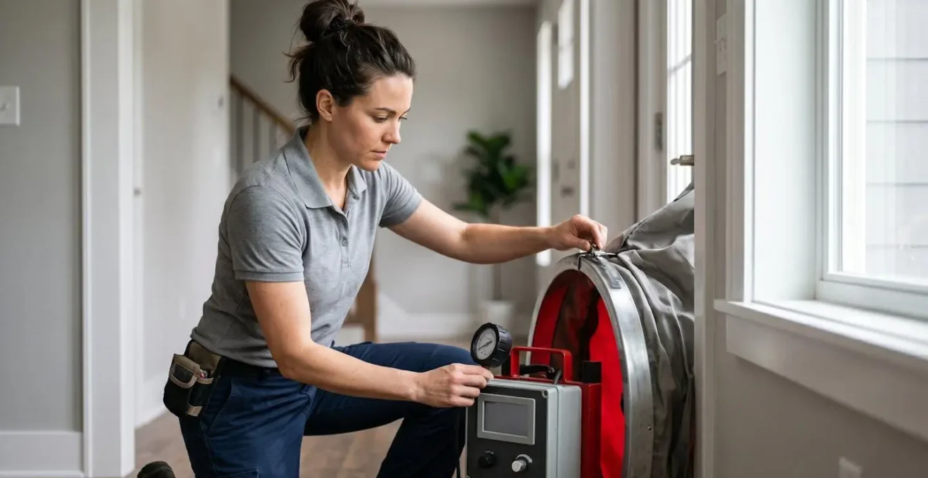Technicien réalisant un test d'infiltrométrie sur une maison rénovée