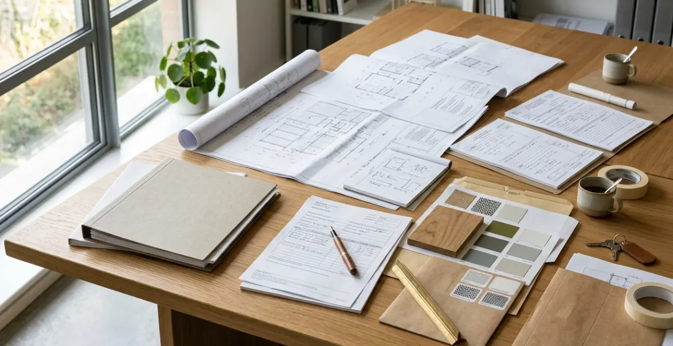 Préparation minutieuse d'un dossier de rénovation énergétique avec documents officiels et plans sur une table de travail