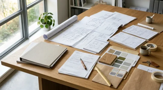 Préparation minutieuse d'un dossier de rénovation énergétique avec documents officiels et plans sur une table de travail