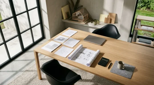 Préparation d'un dossier MaPrimeRénov' avec documents administratifs et plans de rénovation