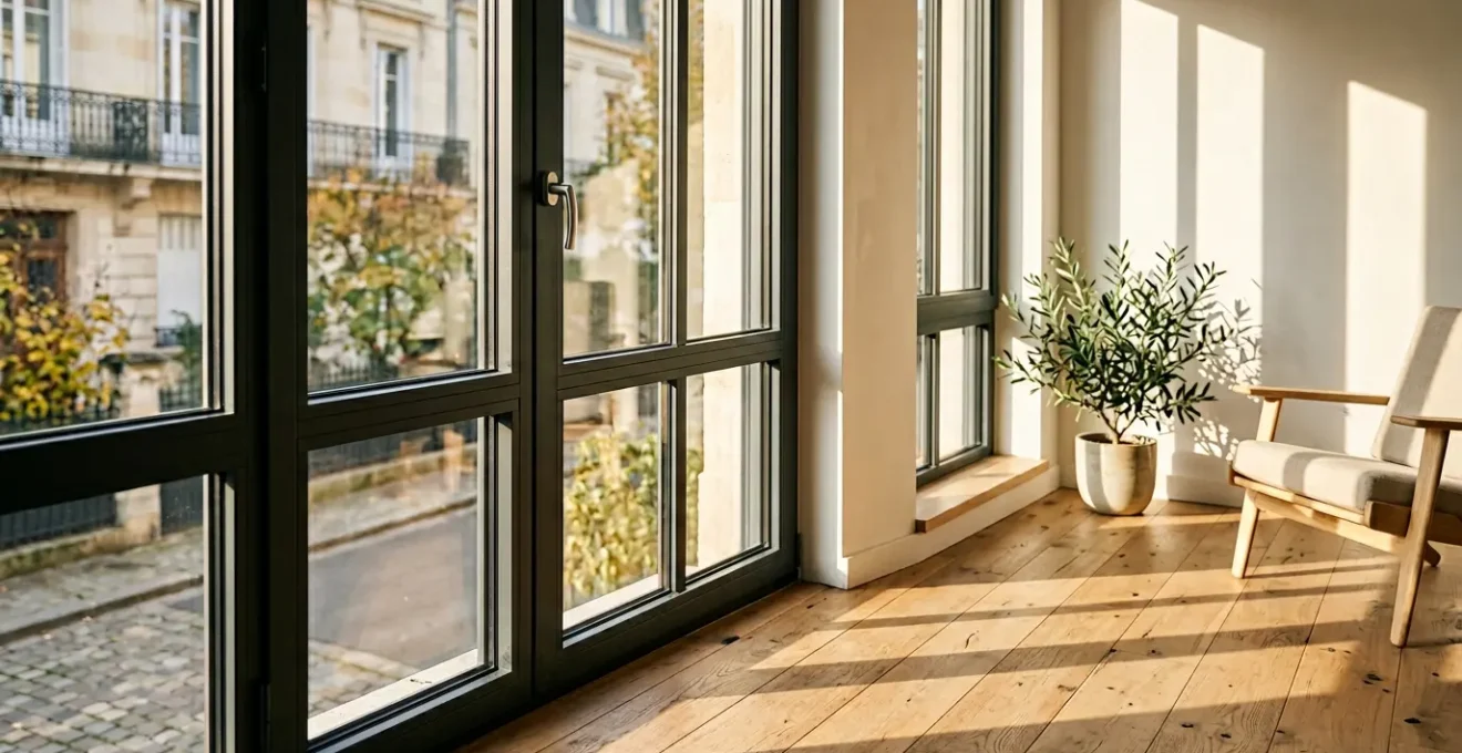 Appartement moderne en rez-de-chaussée avec fenêtres double vitrage sécurisées et détail d'intercalaire technique