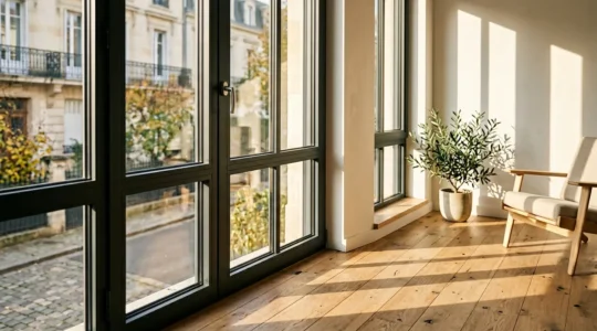 Appartement moderne en rez-de-chaussée avec fenêtres double vitrage sécurisées et détail d'intercalaire technique