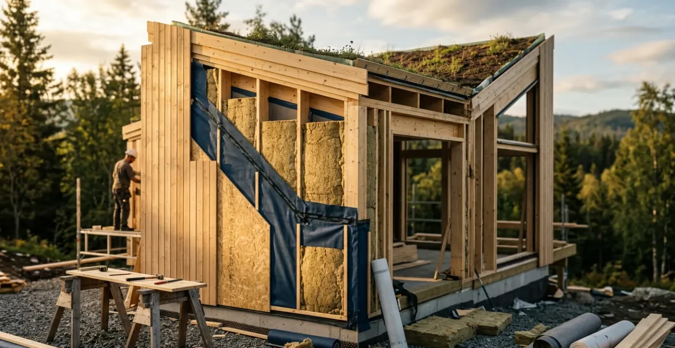 Vue d'ensemble d'une maison passive moderne avec matériaux d'isolation haute performance et systèmes d'étanchéité visibles
