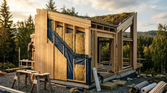 Vue d'ensemble d'une maison passive moderne avec matériaux d'isolation haute performance et systèmes d'étanchéité visibles