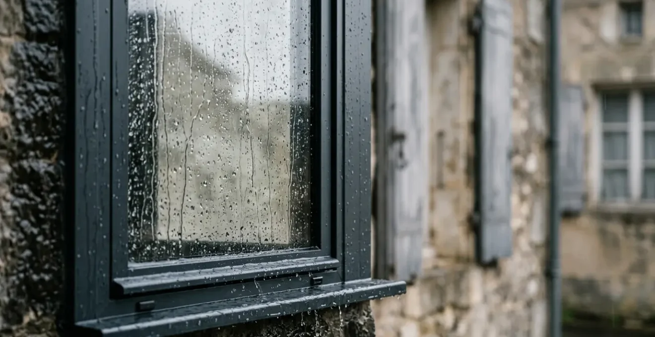 Détail rapproché d'une fenêtre moderne avec joint d'étanchéité professionnel sous une pluie battante