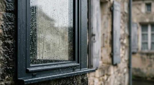 Détail rapproché d'une fenêtre moderne avec joint d'étanchéité professionnel sous une pluie battante