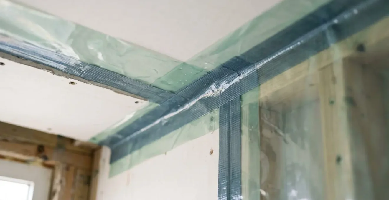 Installation d'une membrane pare-vapeur sur plafond en plaques de plâtre avant soufflage de ouate