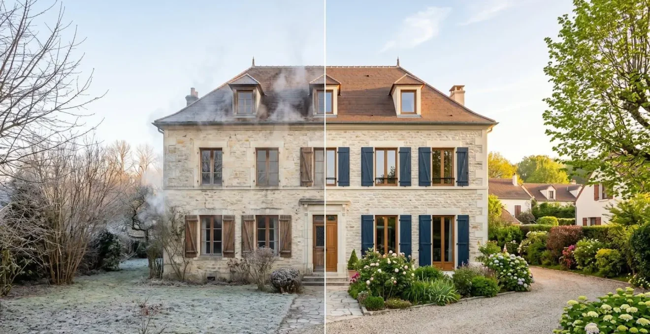 Transformation visuelle d'une maison passant de classe F à classe C après rénovation
