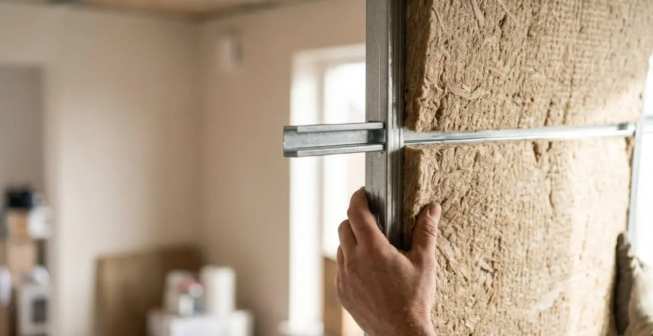 Détail technique en gros plan d'un système de suspente anti-vibratile pour plafond acoustique désolidarisé