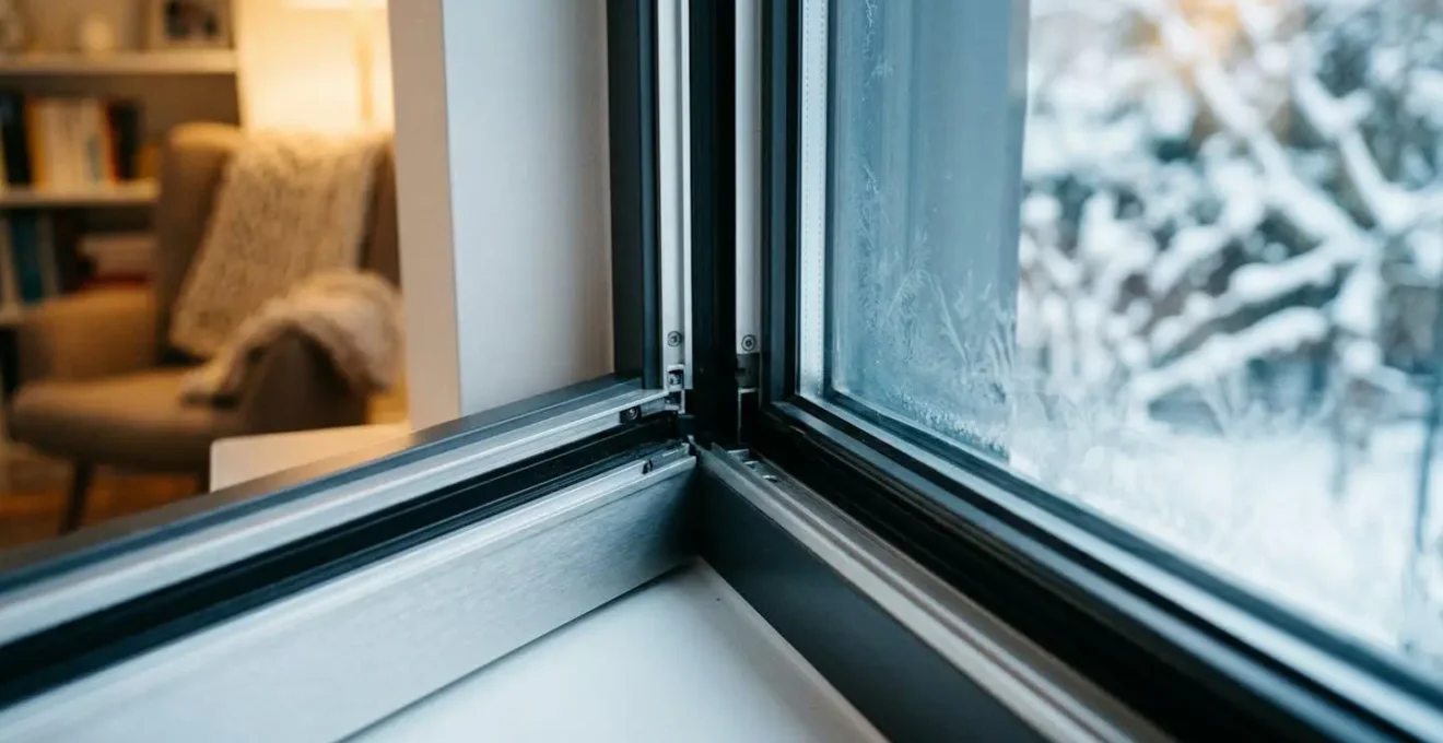 Vue rapprochée d'une fenêtre en aluminium avec système de rupture de pont thermique visible dans un intérieur moderne en hiver