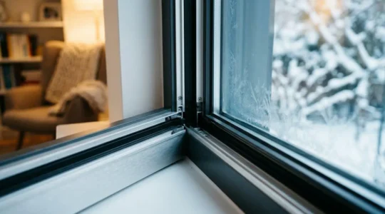 Vue rapprochée d'une fenêtre en aluminium avec système de rupture de pont thermique visible dans un intérieur moderne en hiver