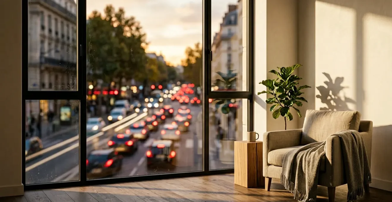 Vue intérieure d'un appartement avec fenêtre moderne triple vitrage donnant sur rue animée avec trafic urbain lourd