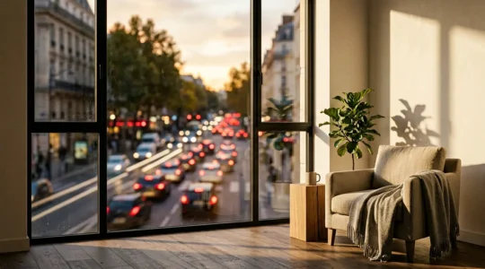 Vue intérieure d'un appartement avec fenêtre moderne triple vitrage donnant sur rue animée avec trafic urbain lourd