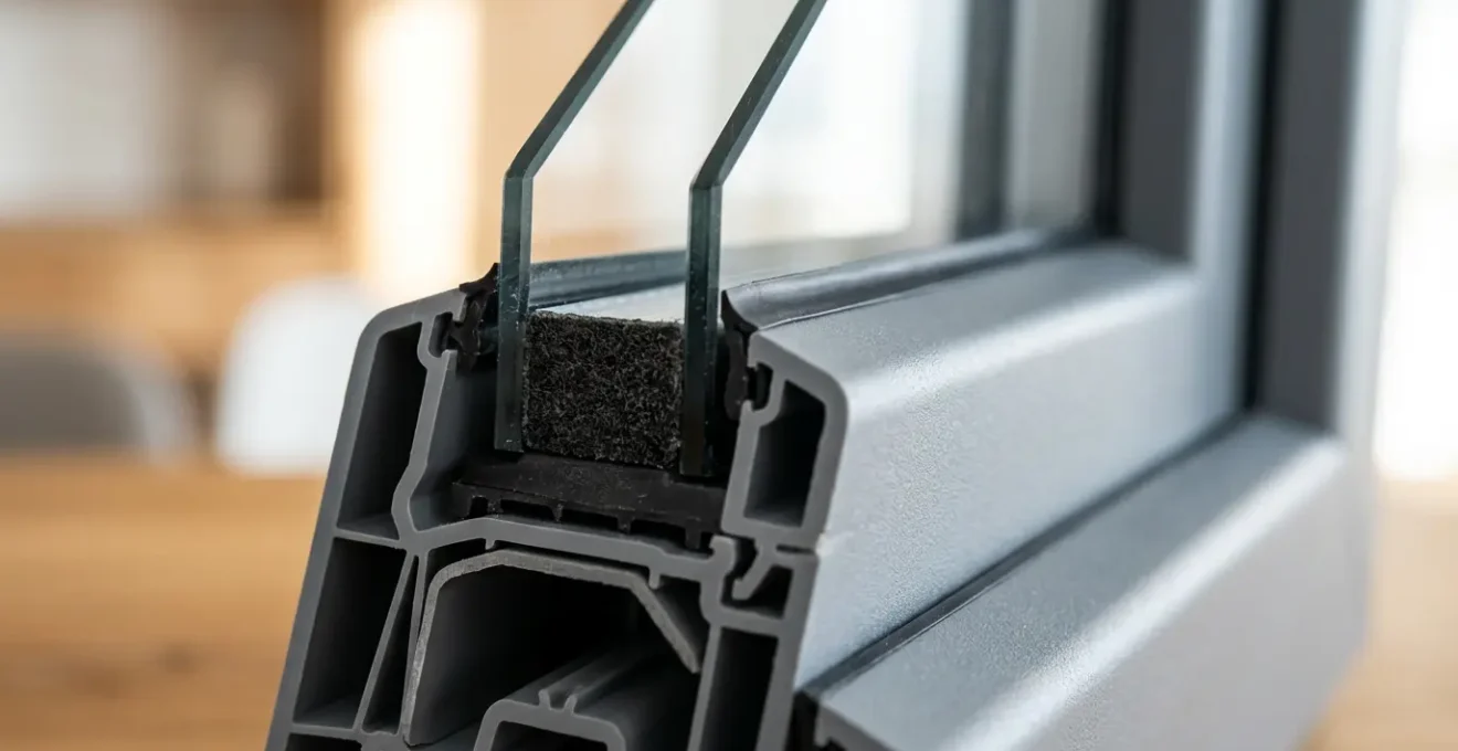 Vue rapprochée d'une fenêtre moderne avec double vitrage et intercalaire warm edge visible