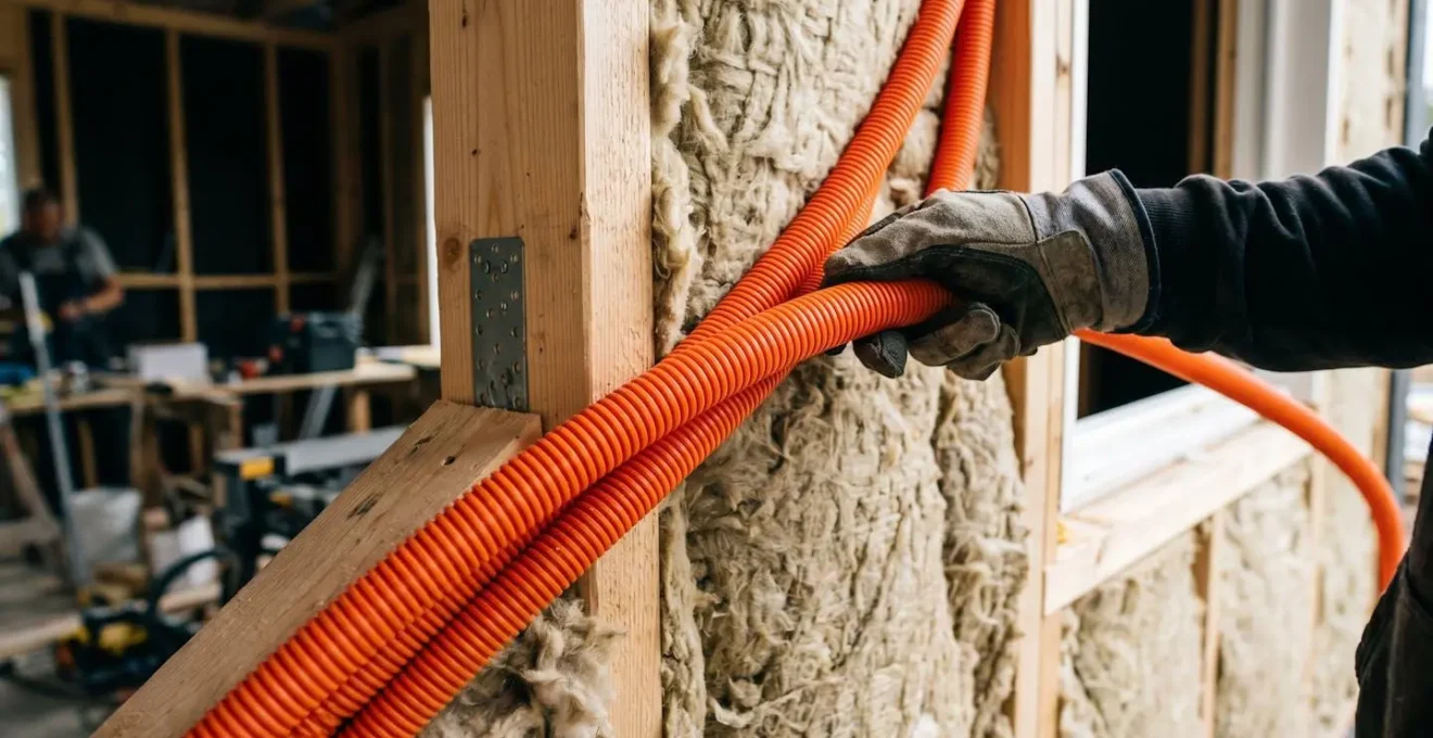 Gros plan sur l'installation de gaines électriques dans un doublage près d'une fenêtre