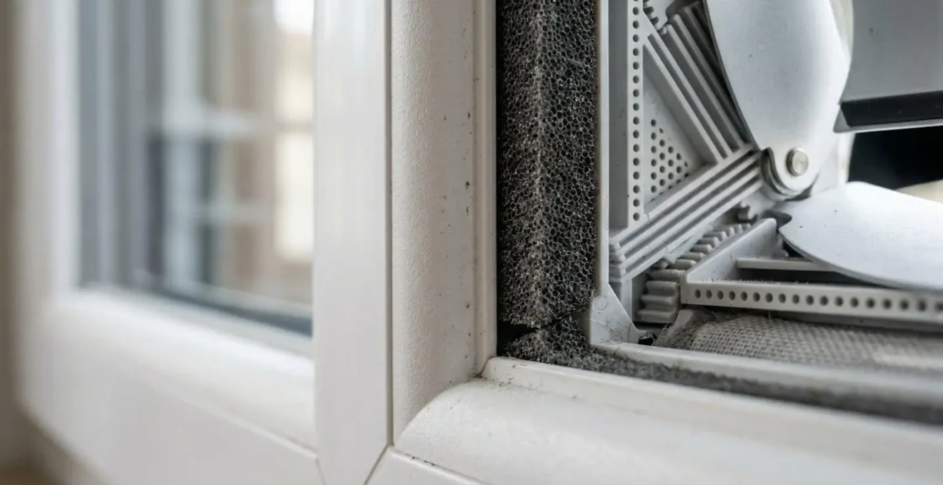 Grille de ventilation moderne intégrée sur une fenêtre neuve en gros plan avec détails techniques