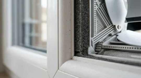 Grille de ventilation moderne intégrée sur une fenêtre neuve en gros plan avec détails techniques