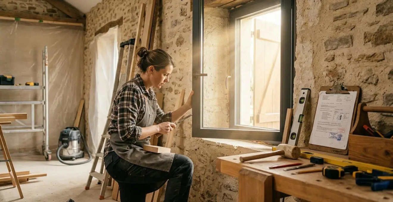 Artisan qualifié RGE installant des fenêtres double vitrage dans une maison française