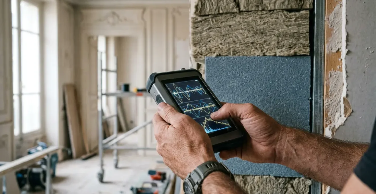 Mesure professionnelle de l'isolation acoustique avec affichage numérique de décibels lors de travaux de rénovation phonique