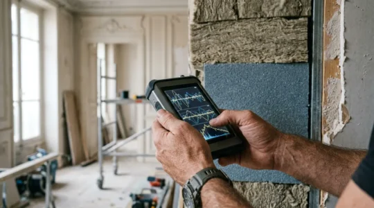 Mesure professionnelle de l'isolation acoustique avec affichage numérique de décibels lors de travaux de rénovation phonique