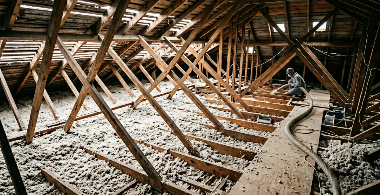 Technicien isolant des combles perdus avec machine de soufflage de ouate de cellulose