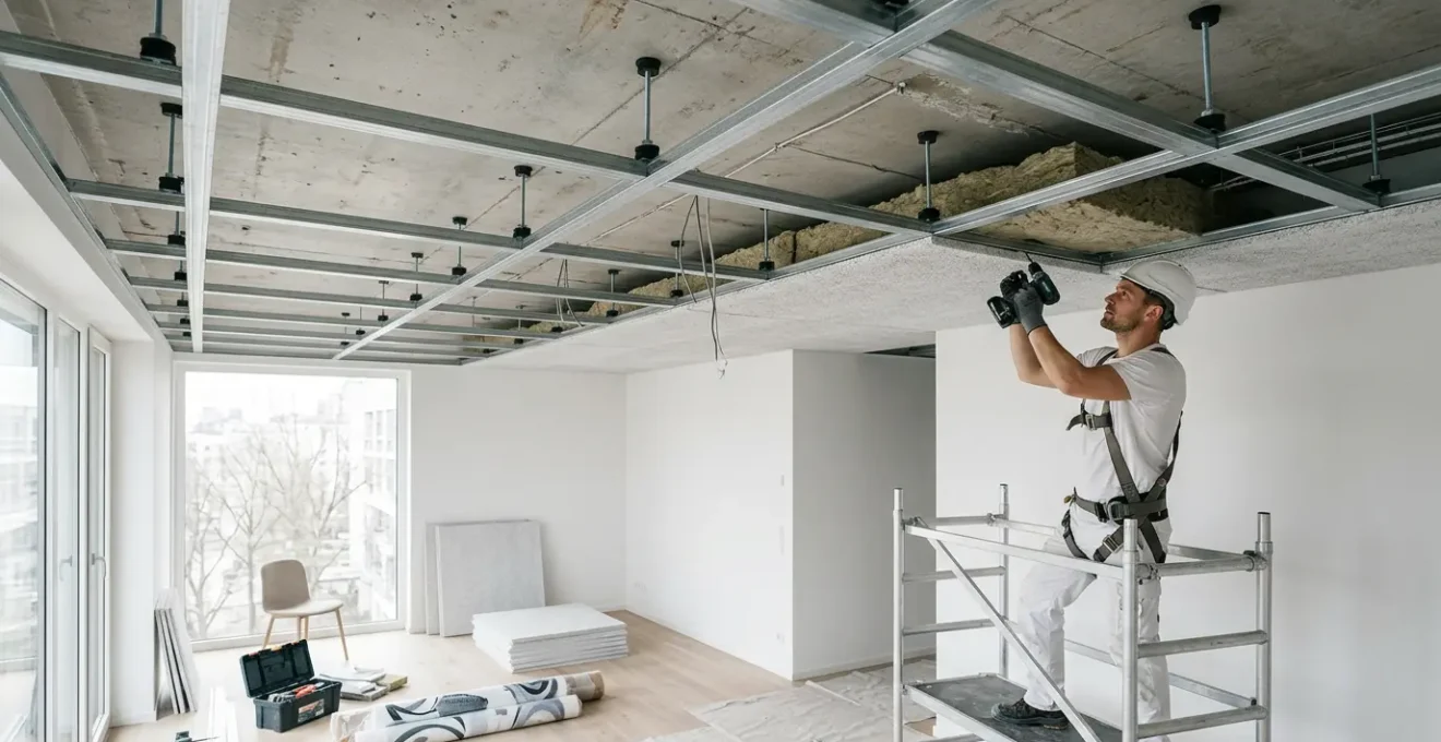 Installation d'un faux plafond acoustique avec suspentes anti-vibratiles dans un appartement français
