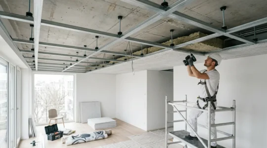 Installation d'un faux plafond acoustique avec suspentes anti-vibratiles dans un appartement français