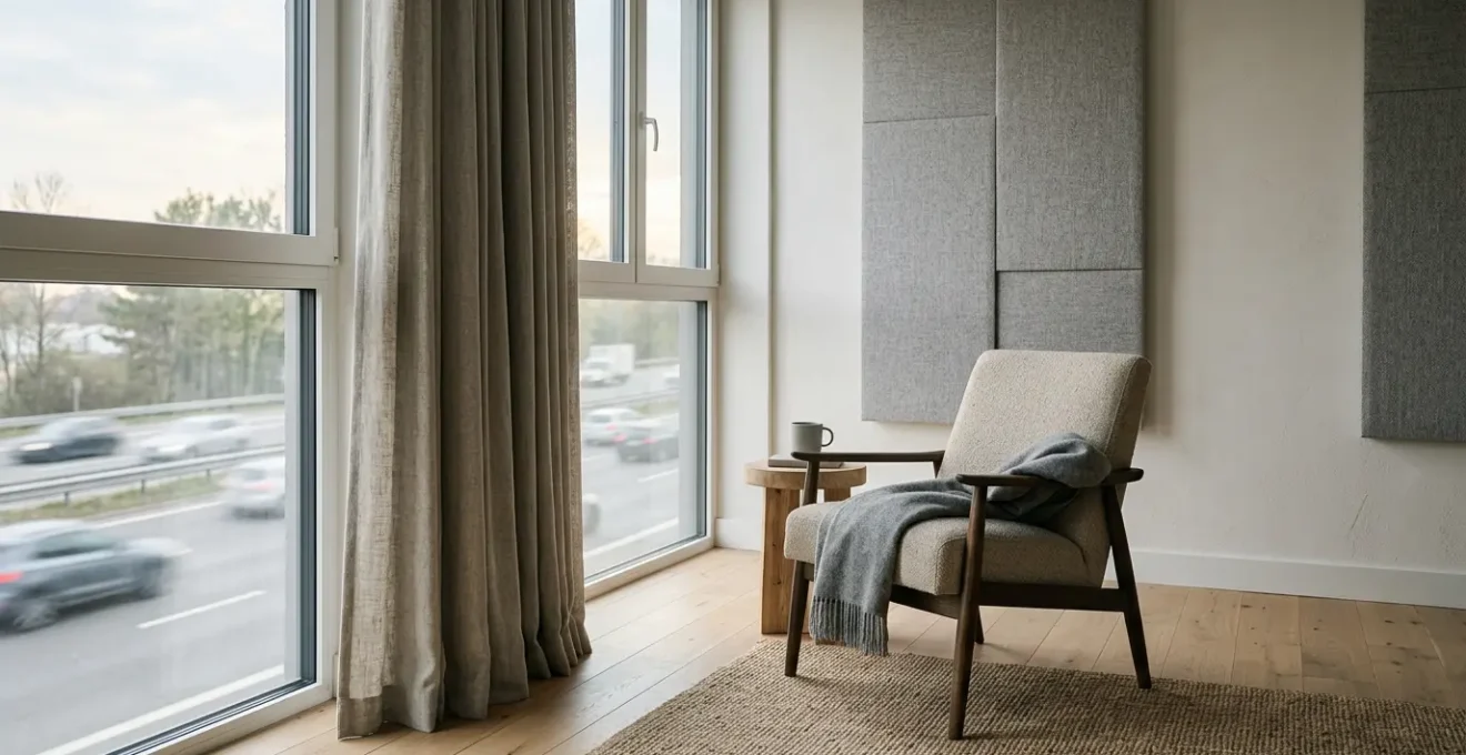 Intérieur calme avec fenêtre double vitrage et mur antibruit extérieur