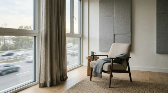 Intérieur calme avec fenêtre double vitrage et mur antibruit extérieur