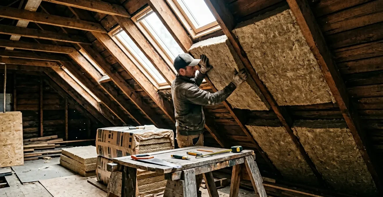 Vue intérieure de combles aménagés avec isolation en laine de bois visible entre les chevrons de la charpente
