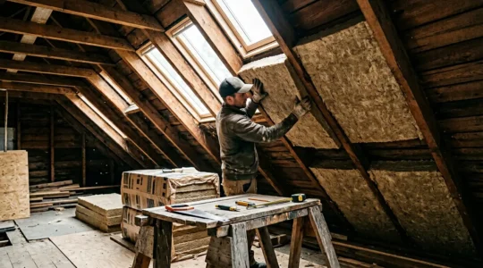 Vue intérieure de combles aménagés avec isolation en laine de bois visible entre les chevrons de la charpente