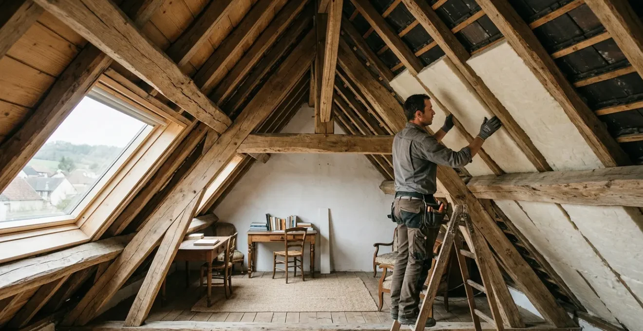 Vue en coupe d'une toiture montrant l'installation d'isolant mince entre les chevrons, avec un espace de vie préservé dans les combles aménagés