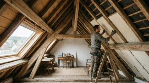 Vue en coupe d'une toiture montrant l'installation d'isolant mince entre les chevrons, avec un espace de vie préservé dans les combles aménagés