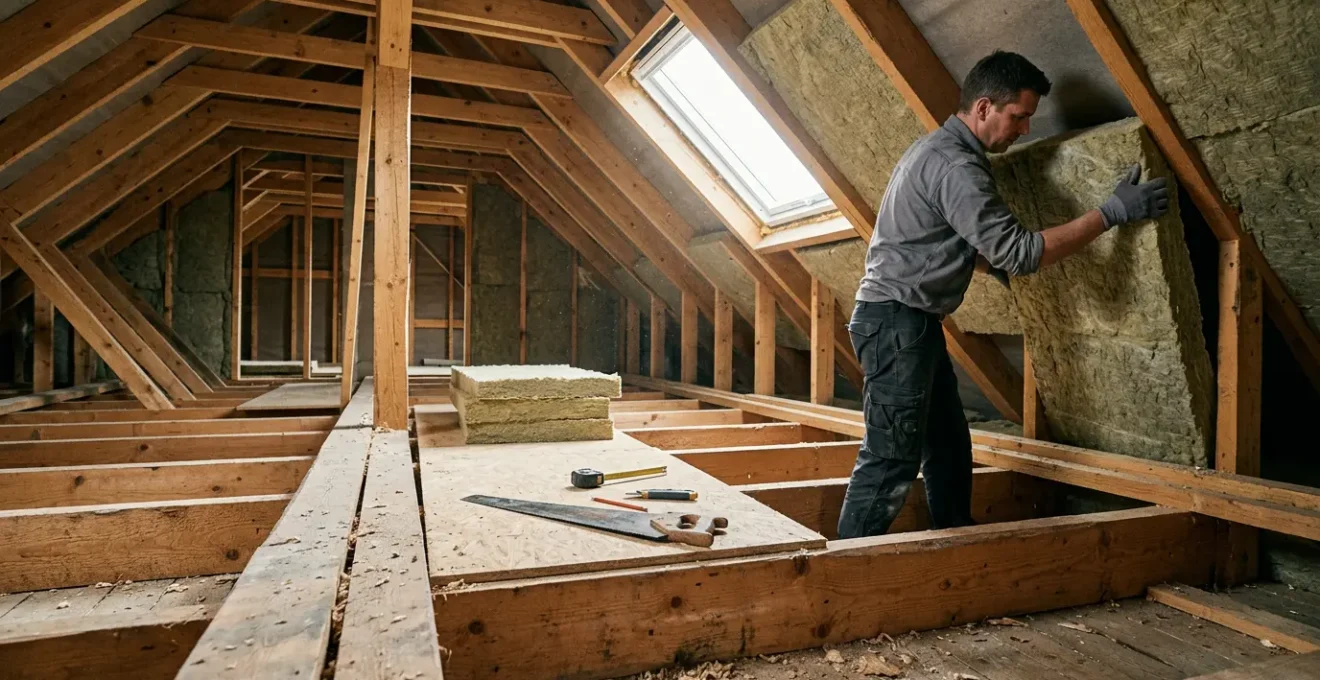 Vue intérieure d'un grenier en cours d'isolation avec des panneaux isolants épais, outils professionnels et lumière naturelle filtrant par une lucarne