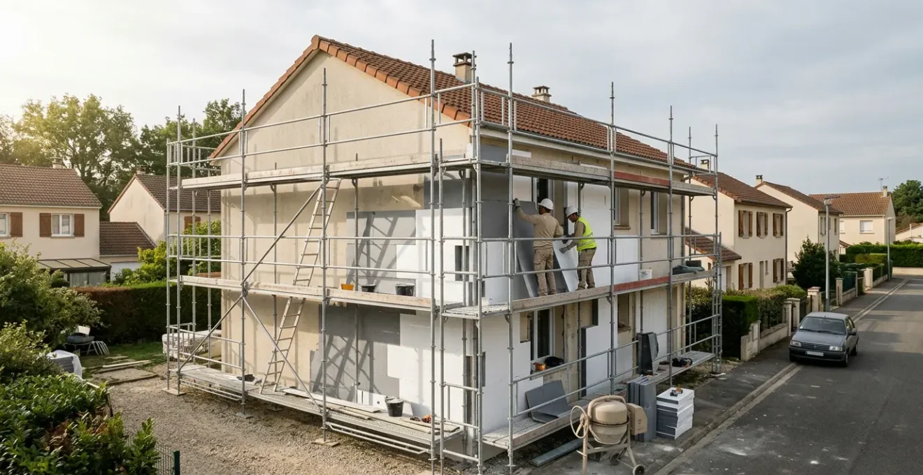 Façade d'une maison française en cours d'isolation thermique par l'extérieur avec échafaudage et ouvriers