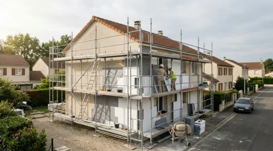 Façade d'une maison française en cours d'isolation thermique par l'extérieur avec échafaudage et ouvriers
