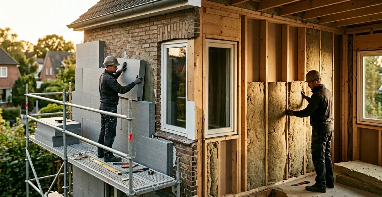 Comparaison visuelle entre isolation thermique extérieure et intérieure sur une maison en rénovation